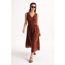 2'li Kadın Tropik Kırmızı Desenli Yazlık V Yakalı Keten Elbise ve Polyester Krep Askılı Bordo Elbise