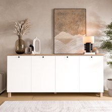 Robin Home Alaska Konsol 4 Kapaklı Ahşap Ayaklı 180CM Sepet-Beyaz