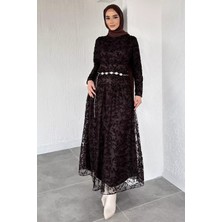 Julude Kadın Astarlı Flok Baskılı Tesettür Elbise P-00020410