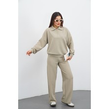 Dı Loria Kadın Bej Renk Eşofman Takım Oversize Fermuarlı Sweatshirt Pantolon