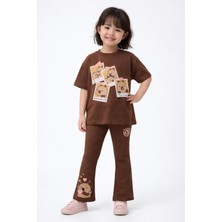 Monila Kız Çocuk Pamuklu Kahverengi Baskılı T-Shirt ve Fitilli Ispanyol Paça Tayt 2'li Takım