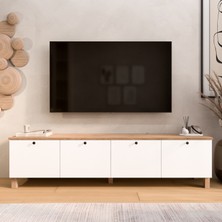 Robin Home Alaska Tv Ünitesi Sehpası 4 Kapaklı Ahşap Ayaklı 180CM Sepet-Beyaz