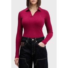 Tommy Jeans Pamuklu Slim Fit Logolu Polo Yaka T Shirt Bayan Polo Yaka T Shirt DW0DW21933 Vlc