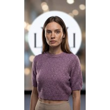 Lwl Kadın Lila Crop Triko Bluz – Kısa Kollu, Yuvarlak Yaka, Yumuşak Dokulu Şık Üst
