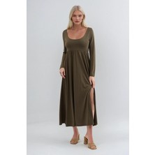 Lijuri Derin Yakalı ve Yırtmaçlı Modal Kumaş Elbise 2033