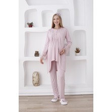 Erdeniz Tekstil Dantel Detayı ile Zarif Görünüm Sunan Hamile & Lohusa Pijama Seti – 3 Parça (Düğmeli & Sabahlıklı)