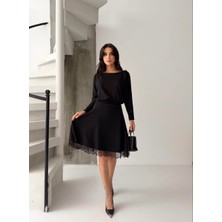 Elaxi Kadın Dantelli Bel Drape Detaylı Kayık Yaka Modal Kumaş Midi Elbise