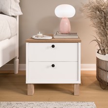 Robin Home Alaska Komodin 2 Çekmeceli Ahşap Ayaklı Sepet-Beyaz