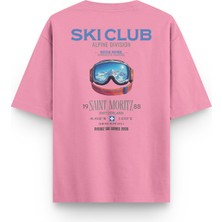 Overoz Ski Club Kayak Snowboard Sırt Baskılı Yarı Oversize Pembe Tshirt 1409