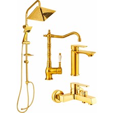 Aurum Luxe 4’lü Set - 4’lü Rustik Banyo & Mutfak Seti | Robot Duş + Lavabo + Eviye Gold Set