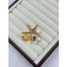 Luseda İthal Altın Renk Deniz Yıldızı & İncili Deniz Kabuklu Broş