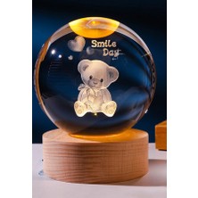 Skygo Dekoratif Ayıcık Tasarımlı Ahşap Altlıklı Işıklı Cam Küre Cam 6 cm Ahşap 2 cm