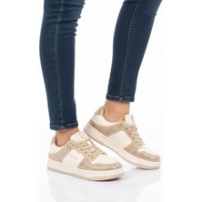 Pierre Cardin Beyaz Bej Bağcıklı Taş Işlemeli Hafif Kadın Sneaker PCI-11505 G