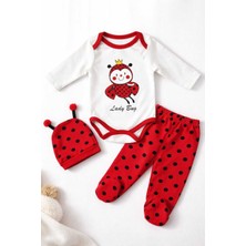 Tenra 3 Parça Bebek Çıtçıtl Badi Zıbın Seti %100 Pamuk Uğur Böceği Desenli 0-6 Ay