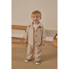 Magu Erkek Çocuk Pamuklu Bej Gömlekli Pantolonlu Takım - Çizgili T-Shirt Detaylı