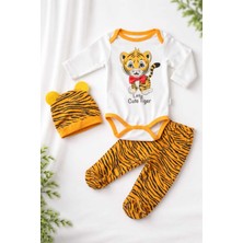 Tenra 3 Parça Bebek Çıtçıtlı Badi Zıbın Seti %100 Pamuk -Tiger Desenli 0-6 Ay