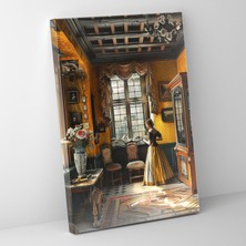 Popcas  Johannes Vermeer Duvar Sanatı - Zengin Süslemeli Iç Mekanda Genç Kız - Kanvas Tablo Duvar Süsleme