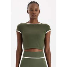 COMEUP Kontrast Biyeli Spor Tişört Koyu Yaprak Yeşili