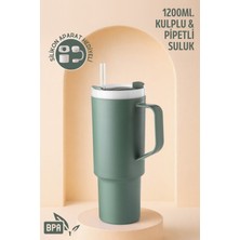 Ny Home Büyük Boy, Kulplu ve Pipetli 1200ML. Suluk & Matara - Silikon Aparat Hediyeli Haki