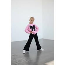 Yiğit Butik Kız Çocuk Pembe Fiyonklu 2 Iplik Sweatshirt & Interlok Ispanyol Paça Tayt Takım