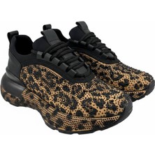 Rexba Kadın Leopar Desenli Taş Detaylı Yüksek Tabanlı  Kristal Taşlı Kalın Taban Ortapedık Spor Ayakkabı