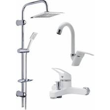 Fulcie Beyaz Robot Yağmurlama Duş Seti Banyo Mutfak Lavabo Bataryas 3'lüı Pirinç Musluk Seti