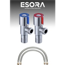 2 Adet Inox Paslanmaz Çelik Aç Kapa Ara Musluk + 2 Adet Flex Bağlantı Hortumu