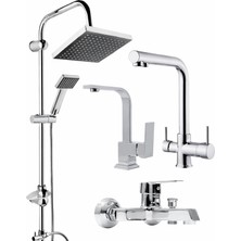 Robot Duş Seti Üç Yollu Arıtmalı Batarya Kare Lavabo Bataryası Kare Banyo Bataryası 4 Lü Set