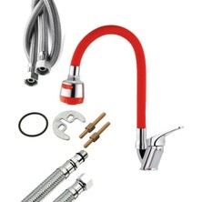 Fulcie 2 Fonksiyonlu Kırmızı Hareketli Borulu Mutfak Bataryası Musluğu Sıcak Soğuk Girişli Yağmurlama