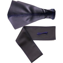 Argesco Mühendislik Tüm Araçlara Uyumlu Direksiyon Kılıfı ve Vites Körüğü Siyah Deri Mavi Nakışlı