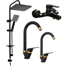 Armatür Kare Gold Duş Başlığı-Duş Seti Banyo Baston Siyah L Boru 4lü Lüks Seri