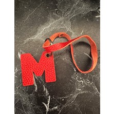 Pinkylola Design-M Harfi Kırmızı Flotter Hakiki Deri Çanta Süsü ,bag Charm , Antrasit Renk Aksesuarlı Anahtarlık