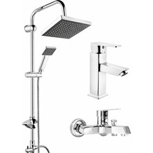 Musluq Robot Kare 3’lü Set Siyakh Robor Duş Seti Kare Sabit Lavabo Banyo Bataryası Krom Modern Set