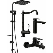 Aurum Luxe 4’lü Set - 4’lü Rustik Banyo & Mutfak Seti | Robot Duş + Lavabo + Eviye Siyah Set