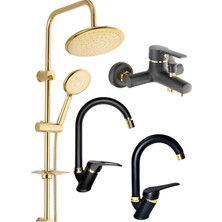 Fulcie Armatür Yuvarlak Gold Robot Duş Seti, Siyah Gold Banyo, Baston Siyah Gold Lavabo ve Mutfak