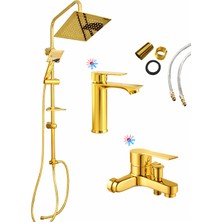 3'lü Full Lüx Set Gold Set Robot - Sabit Banyo Lavabo Bataryası - Banyo Duş Bataryası Musluğu