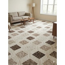 Nesrin Jel Kaymaz Taban Kesme Halı Yolluk Kahve Krem Kare Makinede Yıkanabilir