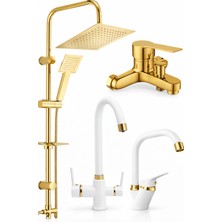 Fulcie Premium Gold Duş Sistemi + Beyaz Gold Mutfak Bataryası Seti-Arıtmalı 4lü Set Lüks Set