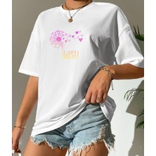 Aselinda Kadın Wısh Baskılı Özel Tasarım Bisiklet Yaka Pamuklu T-Shirt