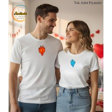 Aselinda Sevgililer Günü Hediye Tişört Ateş ve Su Baskılı T-Shirt - Bisiklet Yaka Kısa Kol Tişört