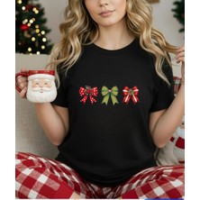 Aselinda Yılbaşı Temalı Fiyonk Baskılı Christmas Tişört-Aile Kombin Tişört(Kombin Yapmak Için Ürün Ekleyiniz)