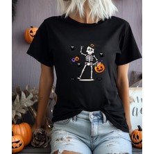 Aselinda Halloween Fiyonk Baskılı Bisiklet Yaka Tişört (Kombin Yapmak Için 2 Ürün Ekleyiniz)