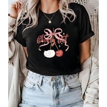 Aselinda Unisex Erkek/kadın Cherry Cat Özel Baskılı Pamuklu Bisiklet Yaka T-Shirt Tshirt