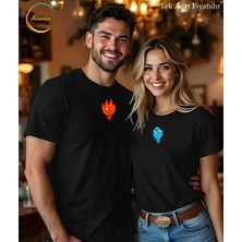 Aselinda Sevgililer Günü Hediye Tişört Ateş ve Su Baskılı T-Shirt - Bisiklet Yaka Kısa Kol Tişört