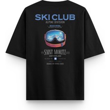 Overoz Ski Club Kayak Snowboard Sırt Baskılı Yarı Oversize Siyah Tshirt 1409