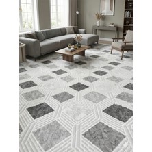 Nesrin Jel Kaymaz Taban Kesme Halı Yolluk Gri Beyaz Kare Makinede Yıkanabilir