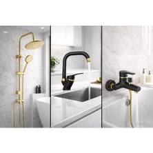 Gold Yuvarlak Robot Seti, Siyah Gold Banyo, Lavabo, Mutfak Bataryası Çeşmesi 3’lü Set