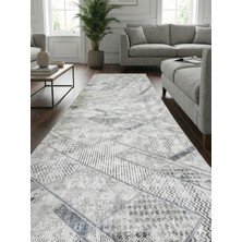 Nesrin Jel Kaymaz Taban Kesme Halı Yolluk Gri Beyaz Desenli Makinede Yıkanabilir