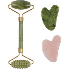 Normadia Tırtıklı Yeşim Face Roller ve Gua Sha Seti, Pembe Kuvars ve Yeşim Kalp