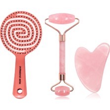 Normadia Pembe Kuvars Face Roller, Gua Sha ve Oval Saç Fırçası Seti